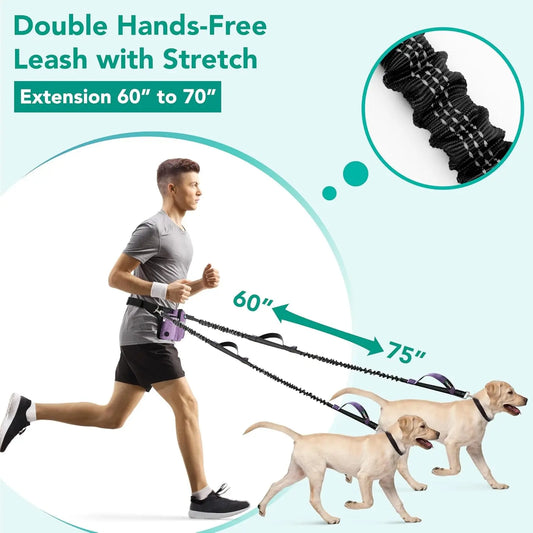 Hands Free Dog Leash Dual Bungee Waist Belt Adjustable Running Walking 2 Dogs