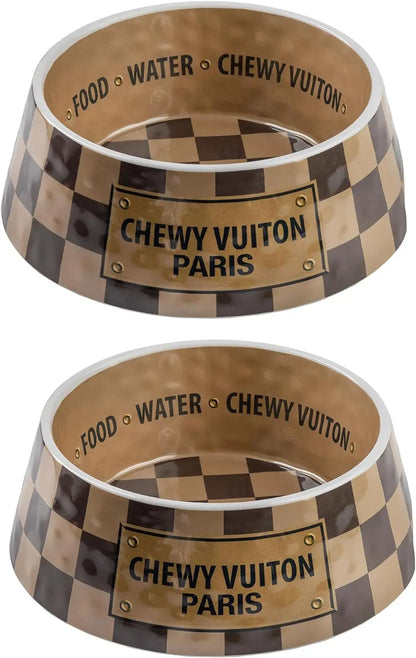 Haute Diggity Dog Chewy Vuiton Dog Bowl Set | BPA-Free, Non-Skid (2-Pack) Brown Cv Bowls