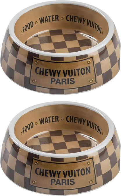 Haute Diggity Dog Chewy Vuiton Dog Bowl Set | BPA-Free, Non-Skid (2-Pack) Brown Cv Bowls Small