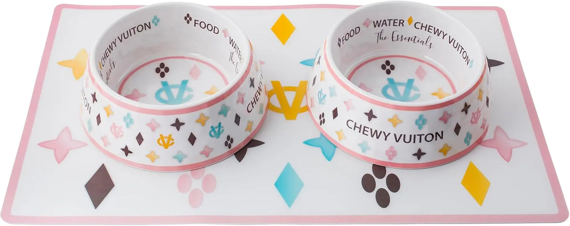 Haute Diggity Dog Chewy Vuiton Dog Bowl Set | BPA-Free, Non-Skid (2-Pack) White Cv Bowls + Mat