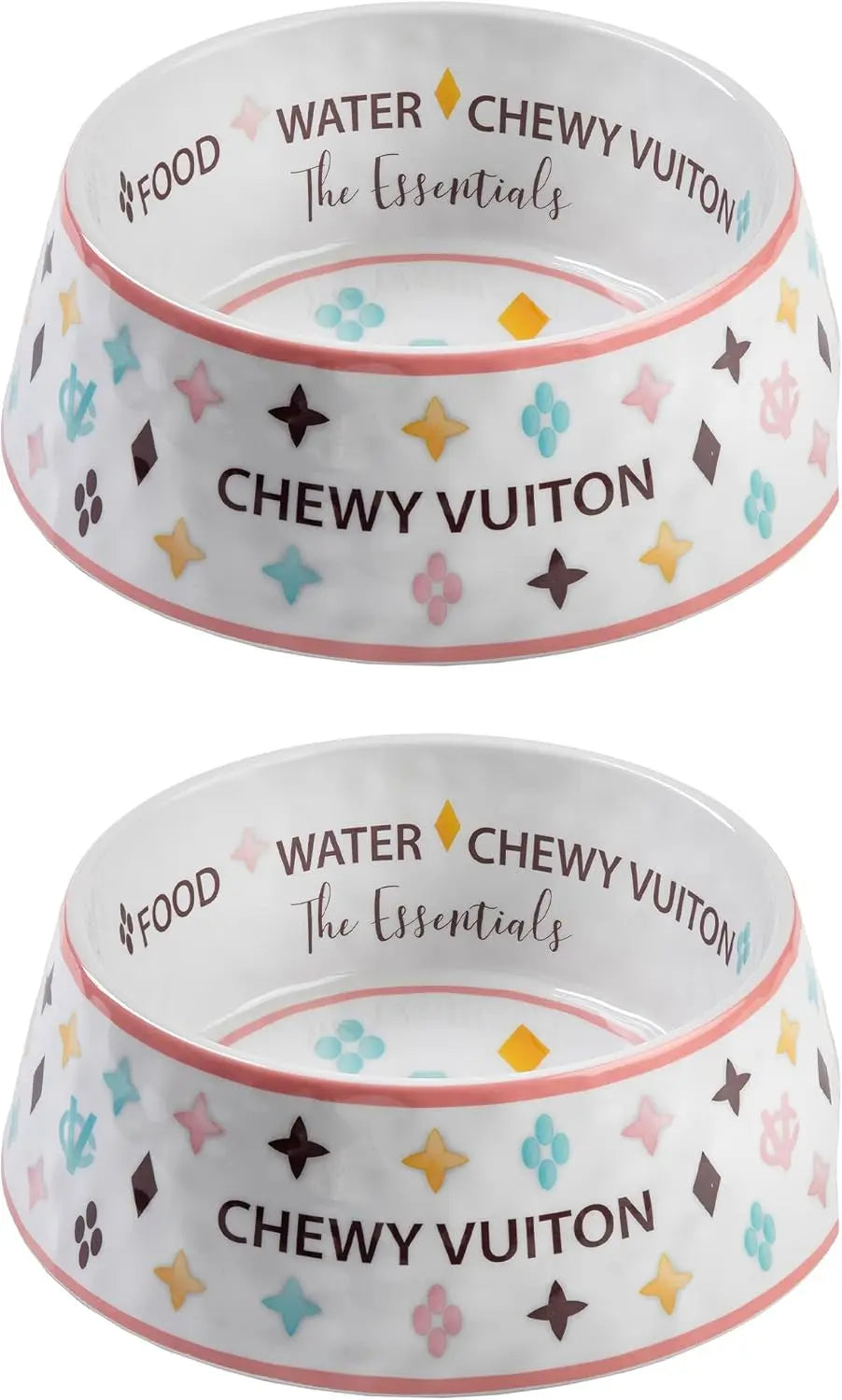 Haute Diggity Dog Chewy Vuiton Dog Bowl Set | BPA-Free, Non-Skid (2-Pack) White Cv Bowls