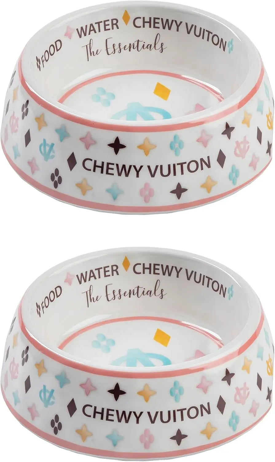 Haute Diggity Dog Chewy Vuiton Dog Bowl Set | BPA-Free, Non-Skid (2-Pack) White Cv Bowls Small