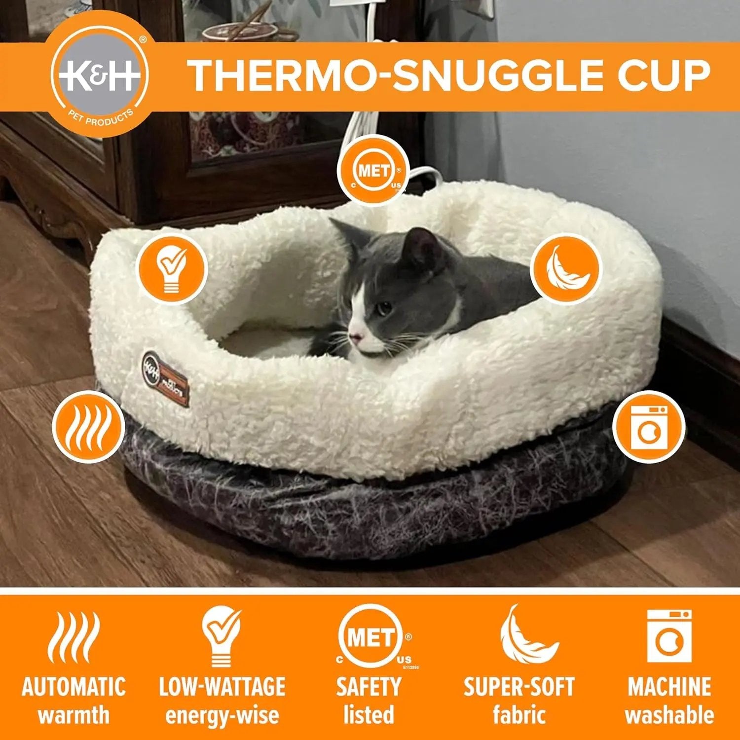 Heated Cat Bed with Removable Warmer, Soft Snuggle Cup, Washable, 14x18