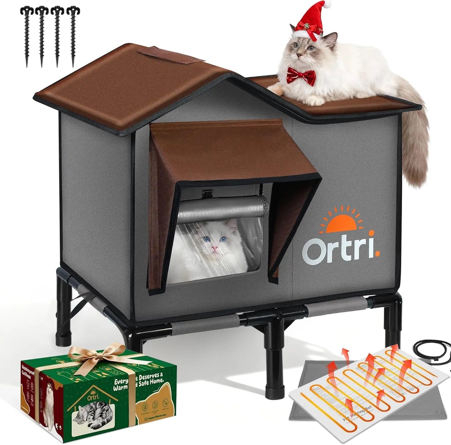 Heated Outdoor Cat House Waterproof Insulated Winter Shelter w/ Heating Pad 20" Brown L: 20.2" X 14.3" X 20.5"