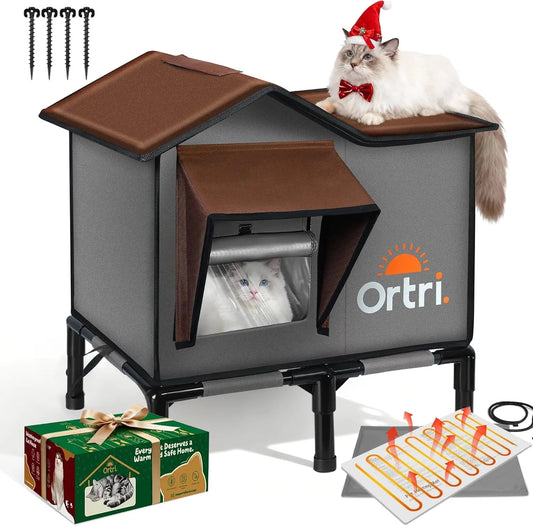 Heated Outdoor Cat House Waterproof Insulated Winter Shelter w/ Heating Pad 20" Brown L: 20.2" X 14.3" X 20.5"