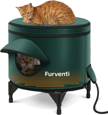 Heated Outdoor Cat House – Insulated Shelter w/ Escape Door & Raised Base, Large Dark Green 16.9"L X 16.9"W X 16.5"H