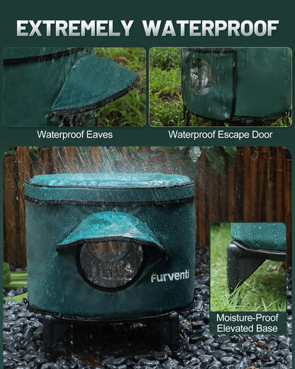 Heated Outdoor Cat House – Insulated Shelter w/ Escape Door & Raised Base, Large