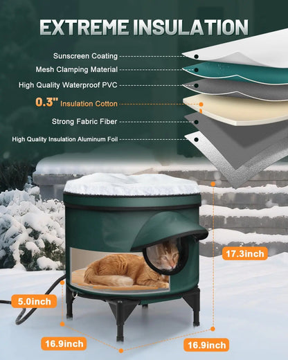 Heated Outdoor Cat House – Insulated Shelter w/ Escape Door & Raised Base, Large