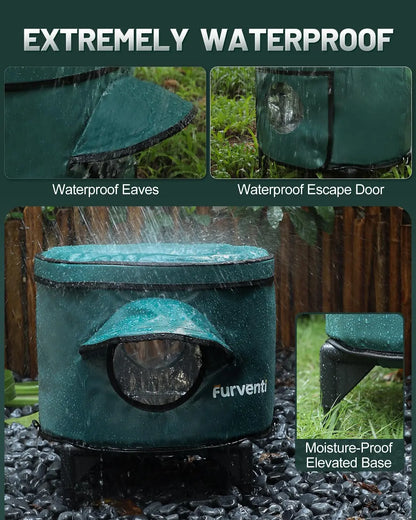 Heated Outdoor Cat House – Insulated Shelter w/ Escape Door & Raised Base, Large