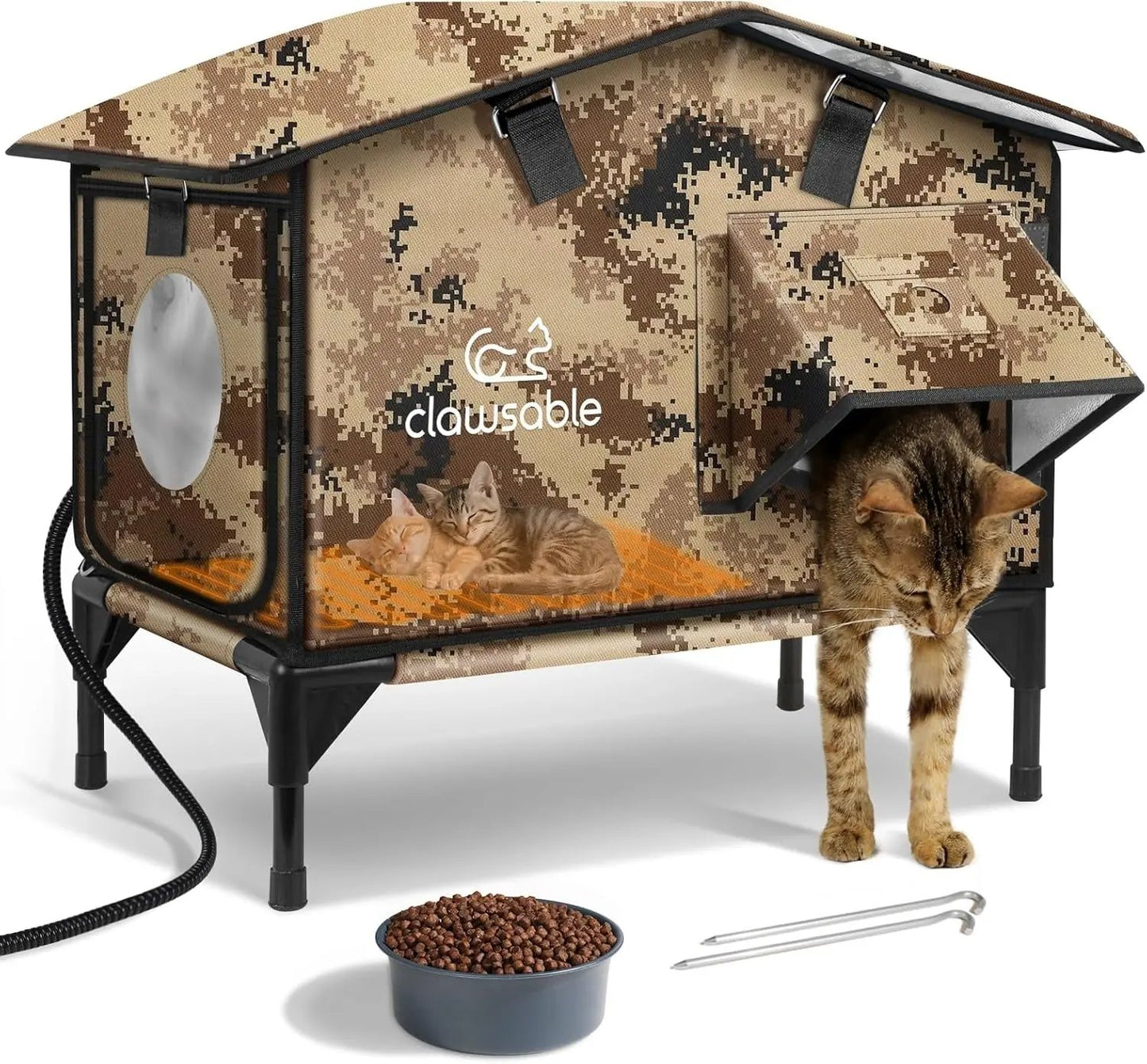 Outdoor Heated Cat House – Insulated Shelter w/ Escape Door & Waterproof Awning