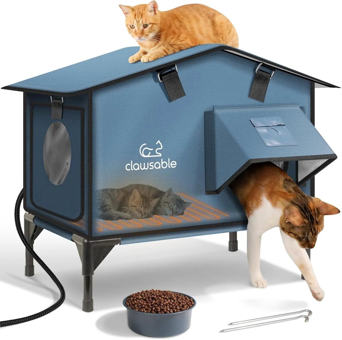 Outdoor Heated Cat House – Insulated Shelter w/ Escape Door & Waterproof Awning Grayish Blue 22.0"L X 12.0"W X 20.0"H