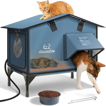 Outdoor Heated Cat House – Insulated Shelter w/ Escape Door & Waterproof Awning Grayish Blue 22.0"L X 12.0"W X 20.0"H
