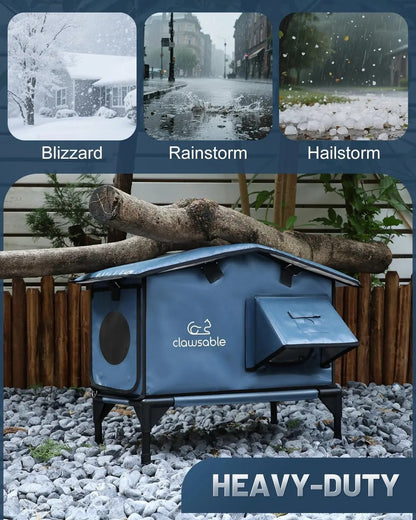 Outdoor Heated Cat House – Insulated Shelter w/ Escape Door & Waterproof Awning