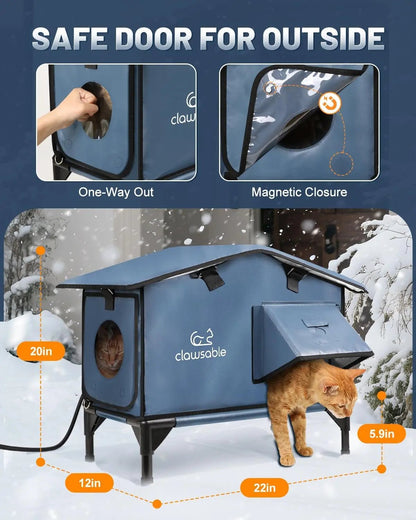 Outdoor Heated Cat House – Insulated Shelter w/ Escape Door & Waterproof Awning
