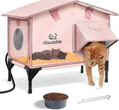 Outdoor Heated Cat House – Insulated Shelter w/ Escape Door & Waterproof Awning