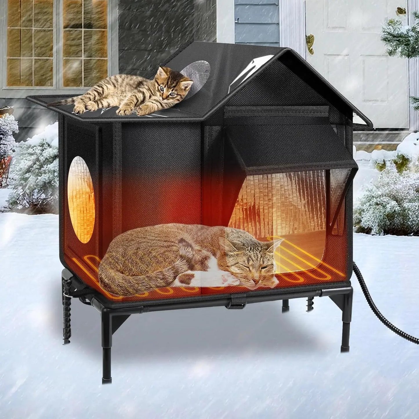 Heated Outdoor Cat House – Weatherproof Insulated Shelter w/ Pad & Escape Door With Heated Pad S(17.3 * 12.6 * (11.8+5.9) In)