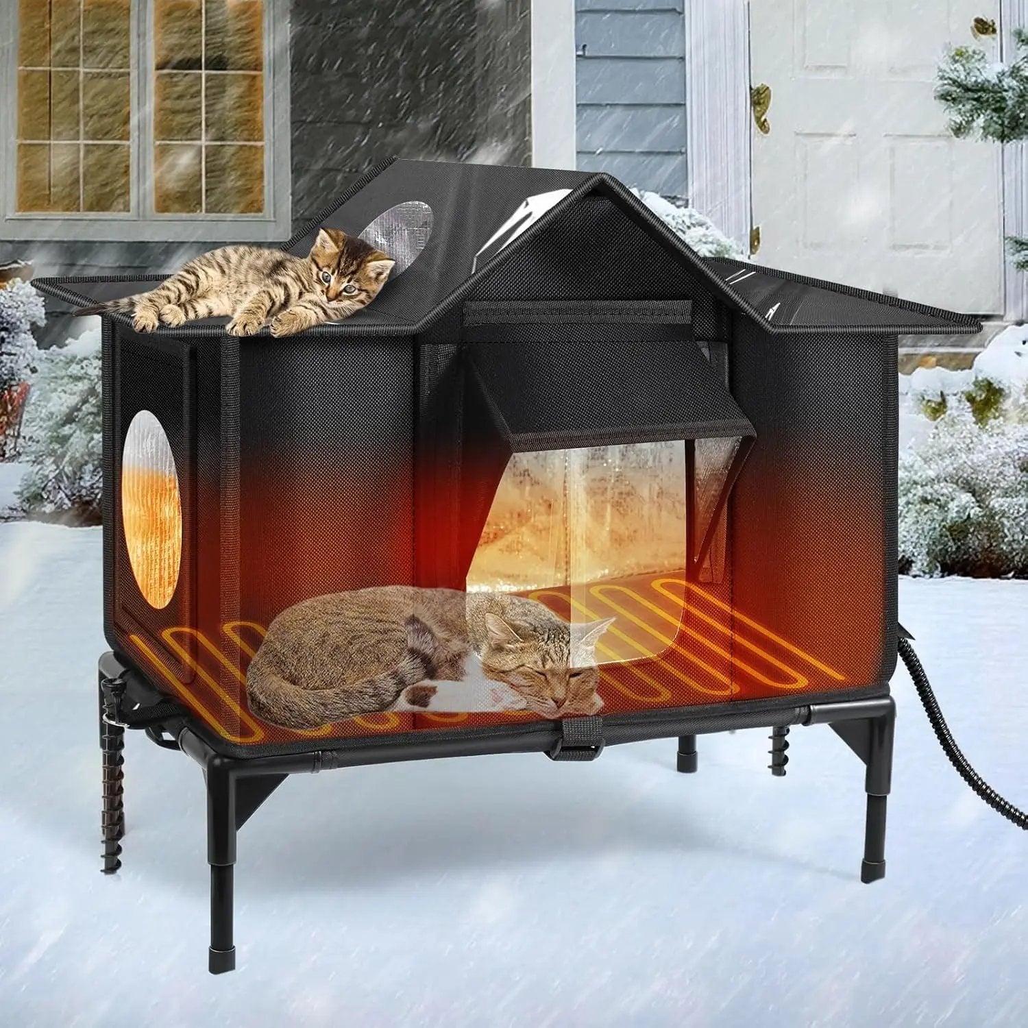 Heated Outdoor Cat House – Weatherproof Insulated Shelter w/ Pad & Escape Door With Heated Pad M(20.5 * 12.6 * (11.8+5.9) In)