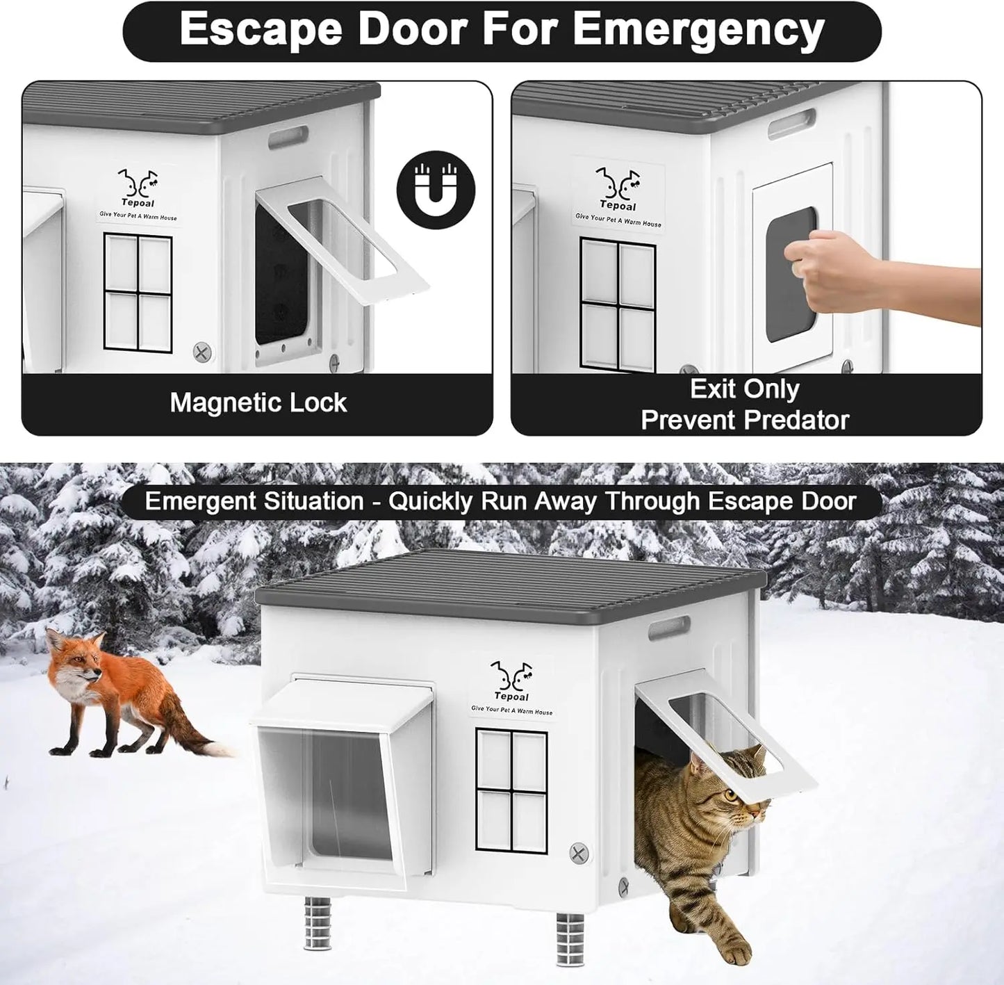 Heated Outdoor Cat House with Escape Door, Insulated Weatherproof Shelter