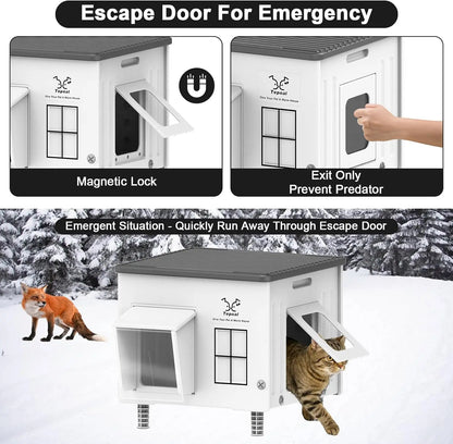 Heated Outdoor Cat House with Escape Door, Insulated Weatherproof Shelter