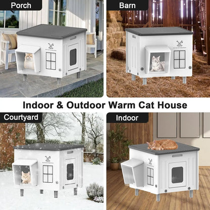 Heated Outdoor Cat House with Escape Door, Insulated Weatherproof Shelter