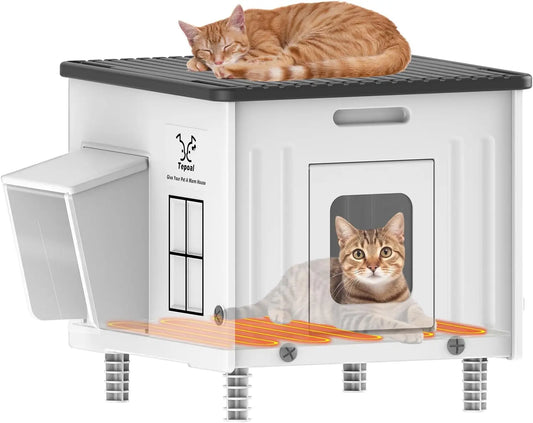 Heated Outdoor Cat House with Escape Door, Insulated Weatherproof Shelter Size 17.7" X 17" X 17.5"