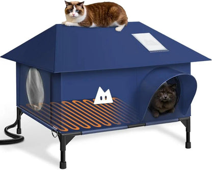 Heated Outdoor Cat House–Waterproof Winter Shelter w/Escape Door & Elevated Base Dark Blue 20"Lx16"Wx14"H