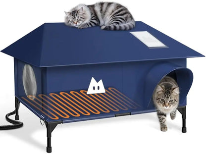 Heated Outdoor Cat House–Waterproof Winter Shelter w/Escape Door & Elevated Base Dark Blue 28"Lx16"Wx14"H