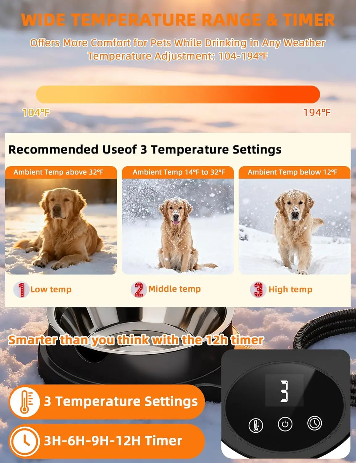 Heated Pet Water Bowl 50oz – 100W Outdoor Stainless Steel Bowl w/ Timer & 3 Heat Levels