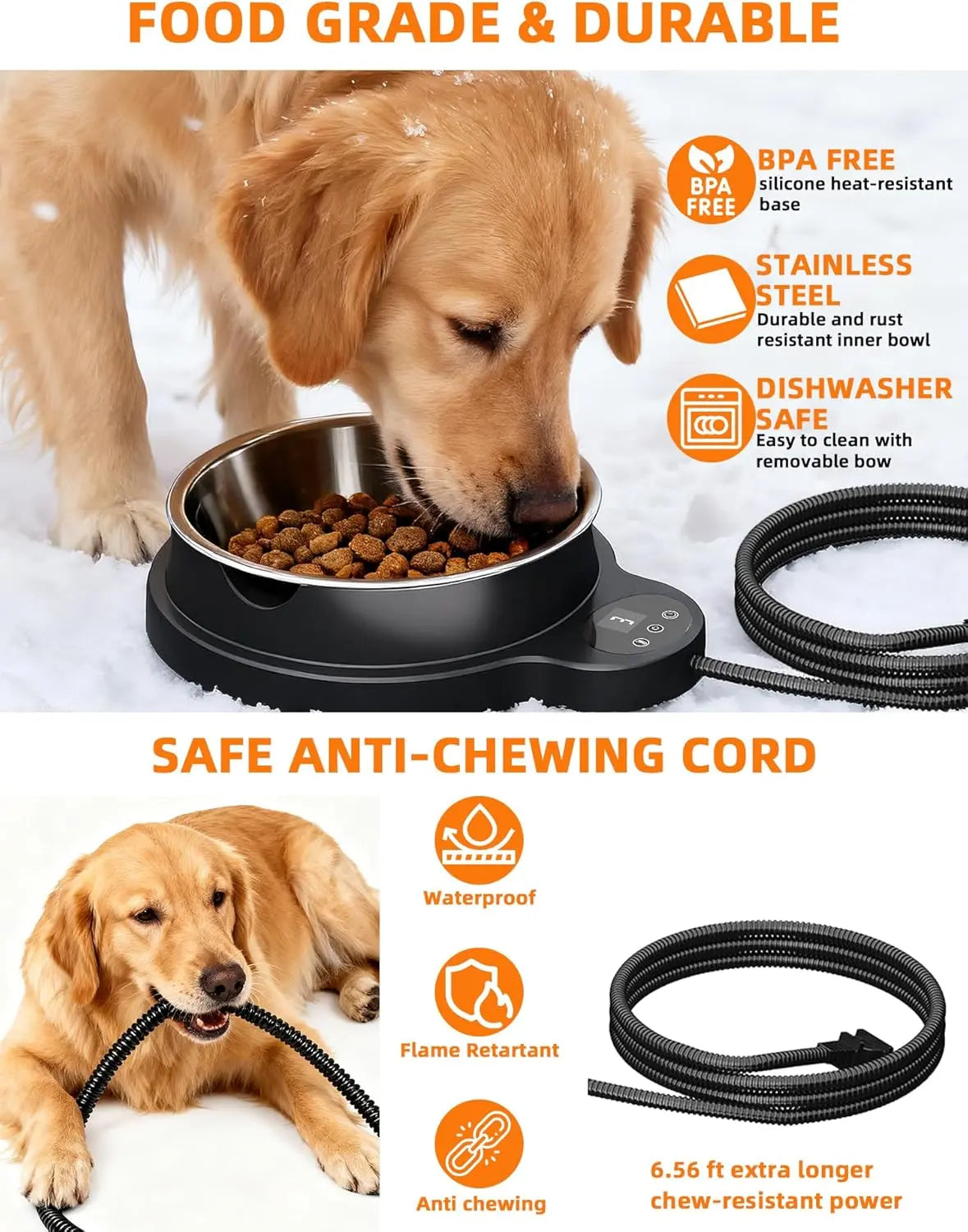 Heated Pet Water Bowl 50oz – 100W Outdoor Stainless Steel Bowl w/ Timer & 3 Heat Levels