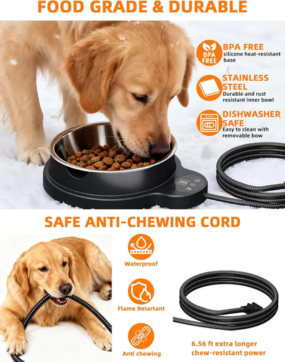 Heated Pet Water Bowl 50oz – 100W Outdoor Stainless Steel Bowl w/ Timer & 3 Heat Levels