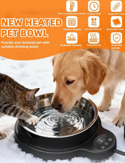 Heated Pet Water Bowl 50oz – 100W Outdoor Stainless Steel Bowl w/ Timer & 3 Heat Levels