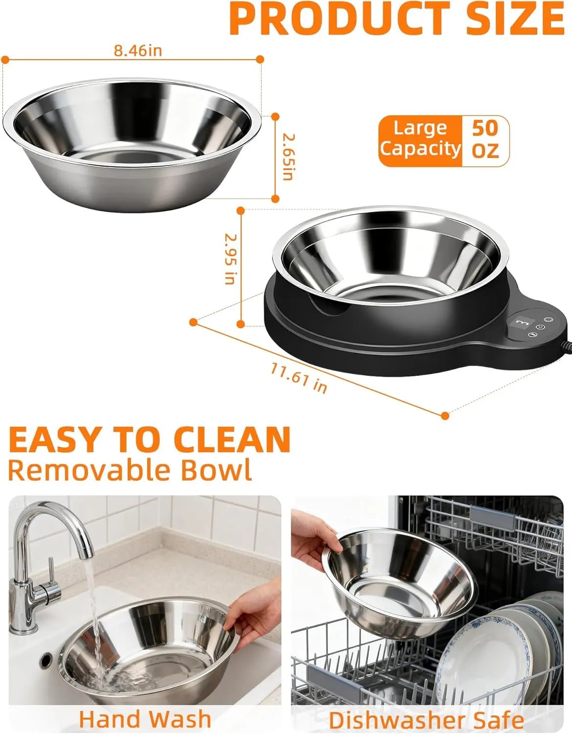 Heated Pet Water Bowl 50oz – 100W Outdoor Stainless Steel Bowl w/ Timer & 3 Heat Levels