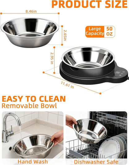 Heated Pet Water Bowl 50oz – 100W Outdoor Stainless Steel Bowl w/ Timer & 3 Heat Levels