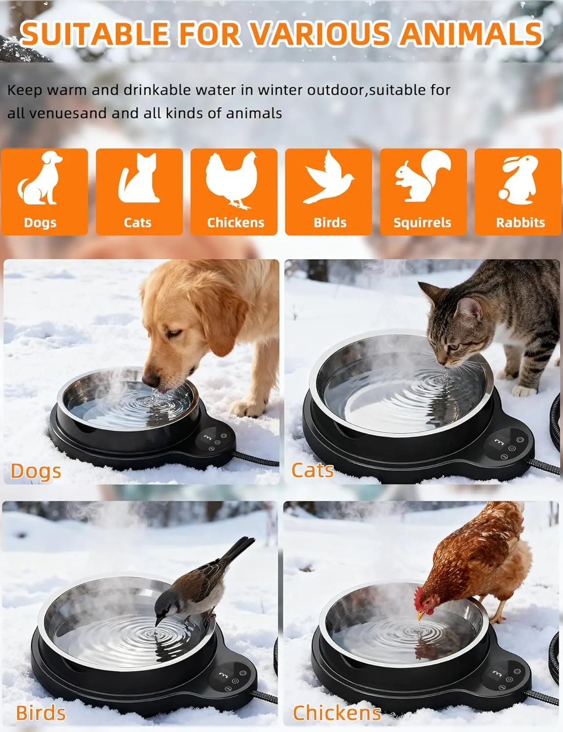 Heated Pet Water Bowl 50oz – 100W Outdoor Stainless Steel Bowl w/ Timer & 3 Heat Levels