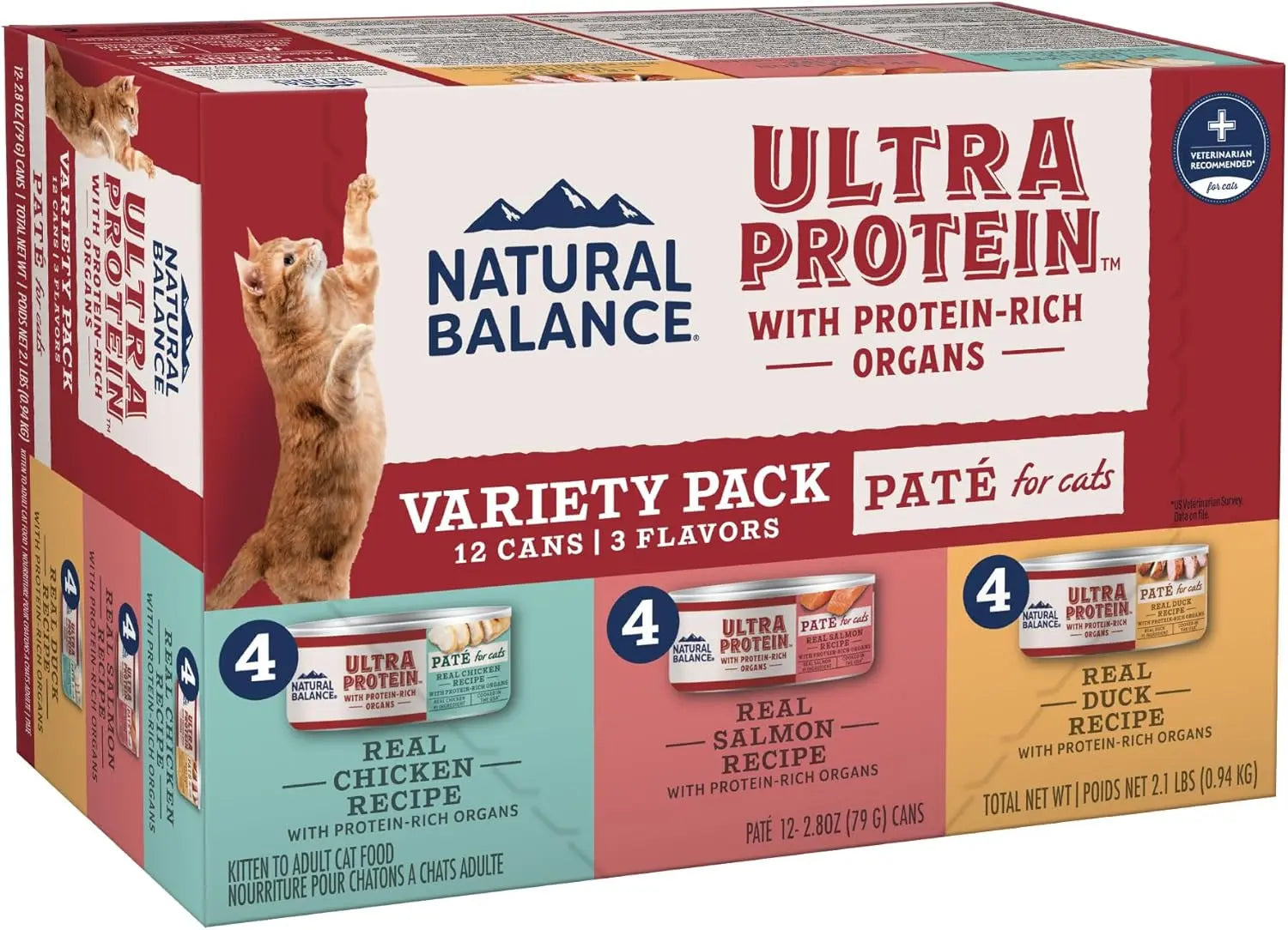 High Protein Wet Cat Food Pate Variety Pack Grain Free Real Meat 12Ct Chicken, Duck, Salmon 2.8 Ounce (Pack Of 12)