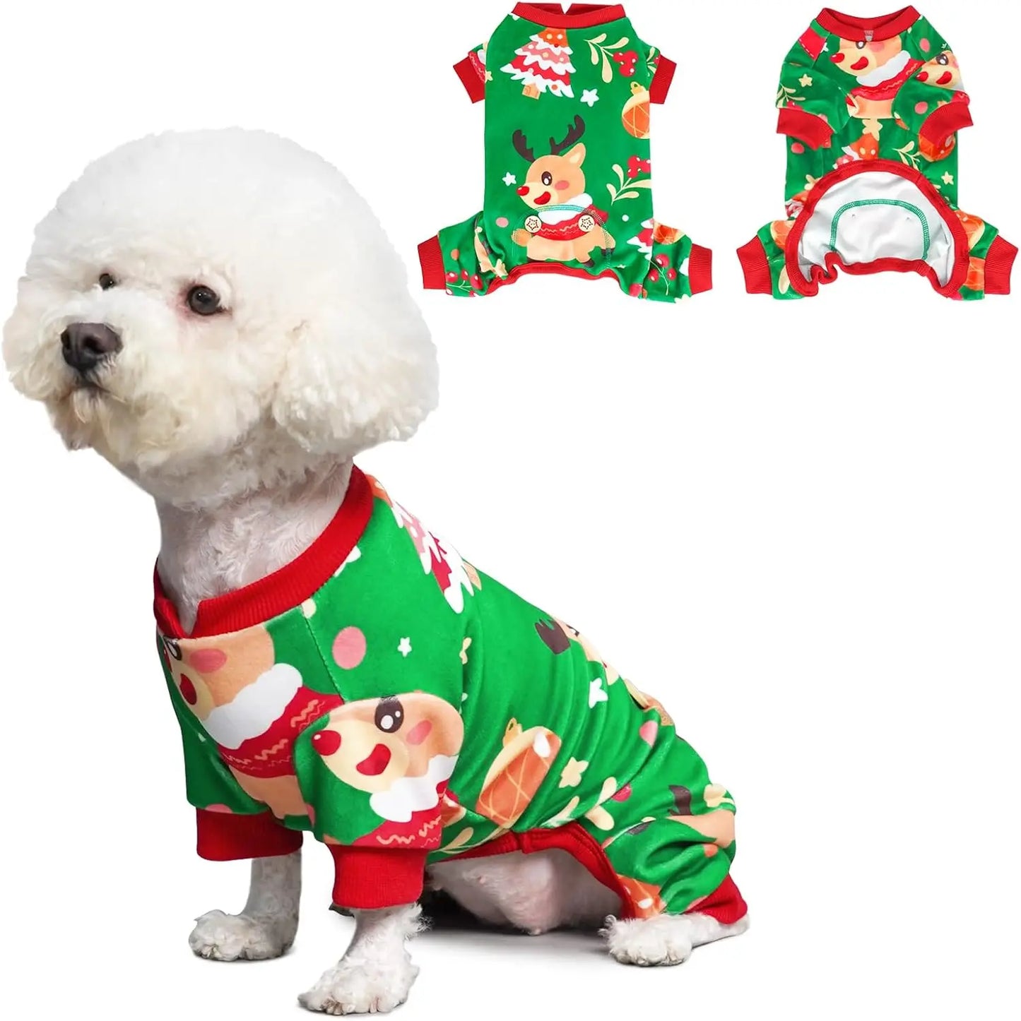 Holiday Dog Pajamas – Soft Stretchy 4-Leg Pet PJs for Dogs 03 Christmas（Green）