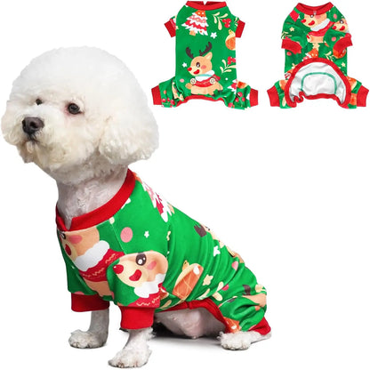 Holiday Dog Pajamas – Soft Stretchy 4-Leg Pet PJs for Dogs 03 Christmas（Green）