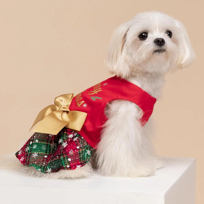 Holiday & Birthday Cotton Dog Dress, Outfit with Bow, Cat & Small Dog Apparel