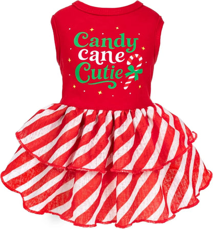 Holiday & Birthday Cotton Dog Dress, Outfit with Bow, Cat & Small Dog Apparel Candy Cane Cutie