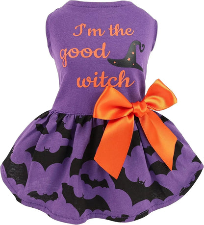 Holiday & Birthday Cotton Dog Dress, Outfit with Bow, Cat & Small Dog Apparel I’M The Good Witch