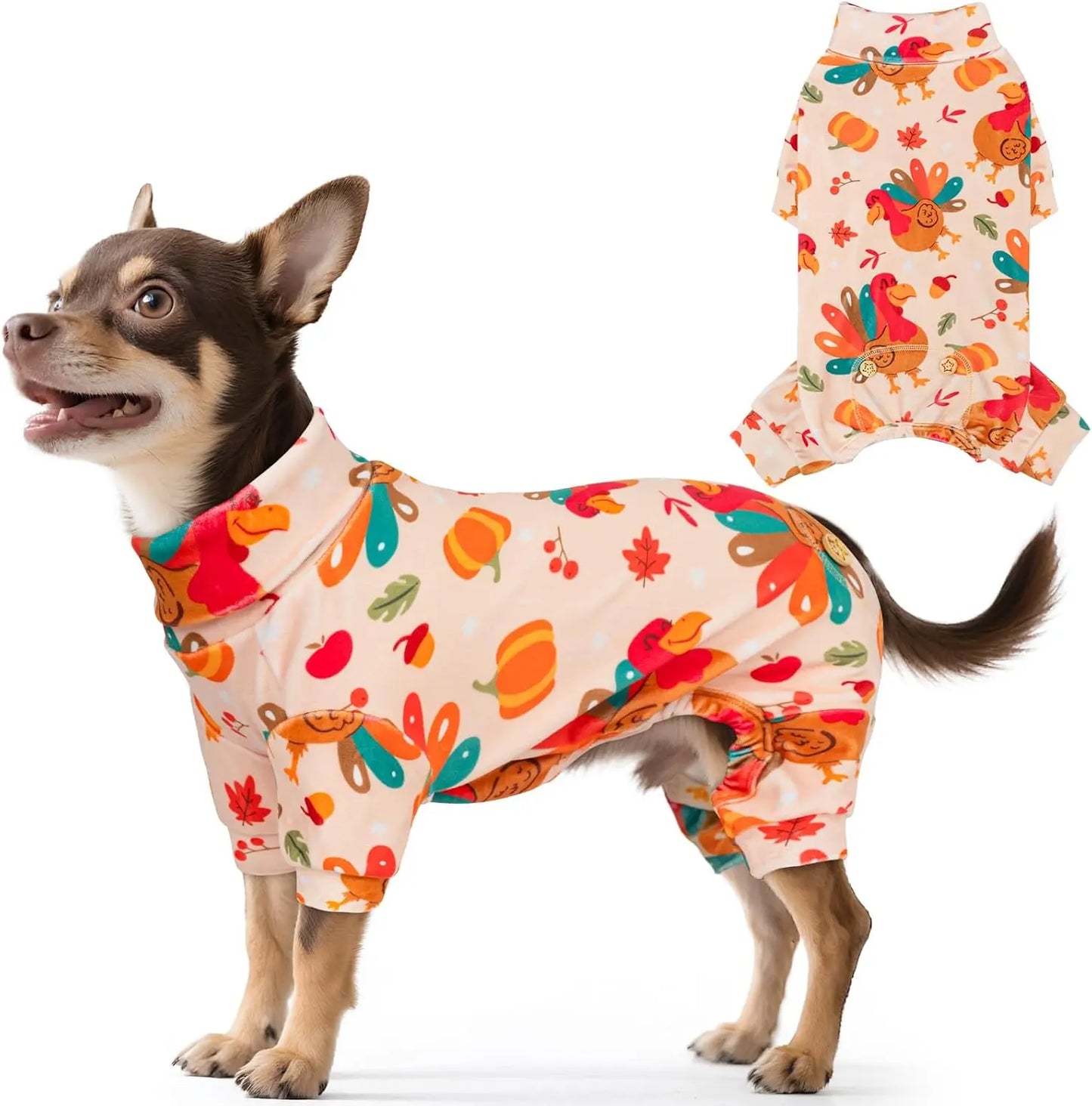 Holiday Dog Pajamas – Soft Stretchy 4-Leg Pet PJs for Dogs 01 Thanksgiving Small (6-11Lbs)