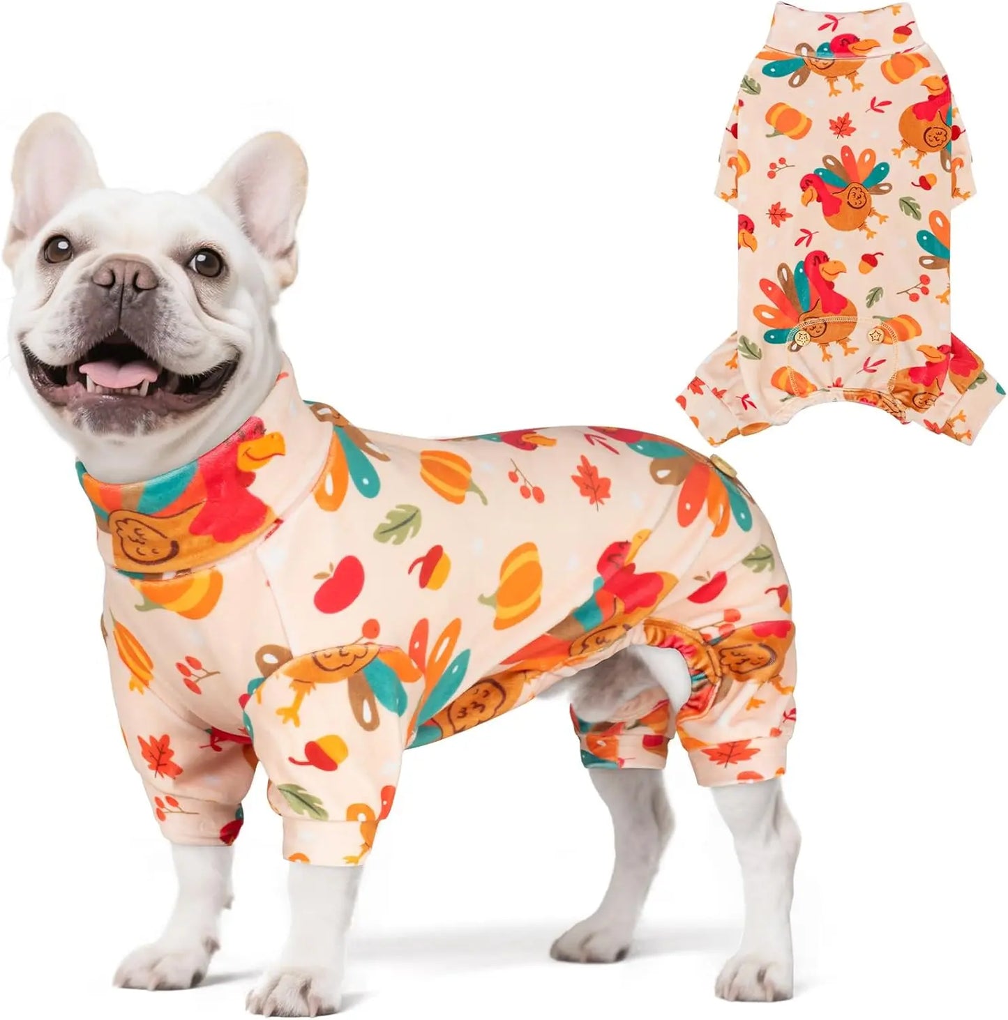 Holiday Dog Pajamas – Soft Stretchy 4-Leg Pet PJs for Dogs 01 Thanksgiving