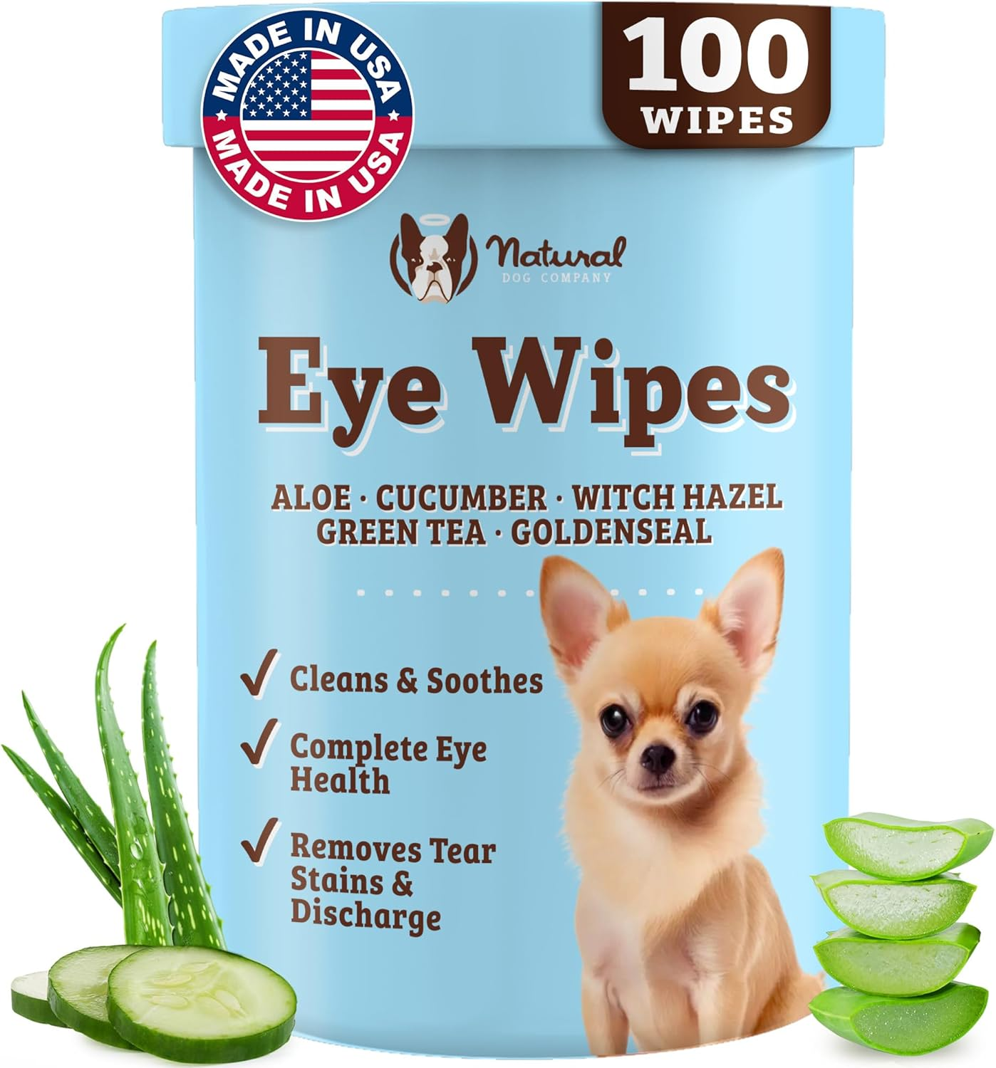 Vegan Dog Eye Wipes 100ct, Natural Tear Stain & Wrinkle Cleaning Wipes