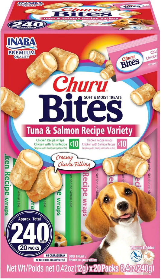 INABA Churu Bites Soft Dog Treats Tuna & Salmon Variety 20ct 0.42oz Tuna Salmon Recipe Variety