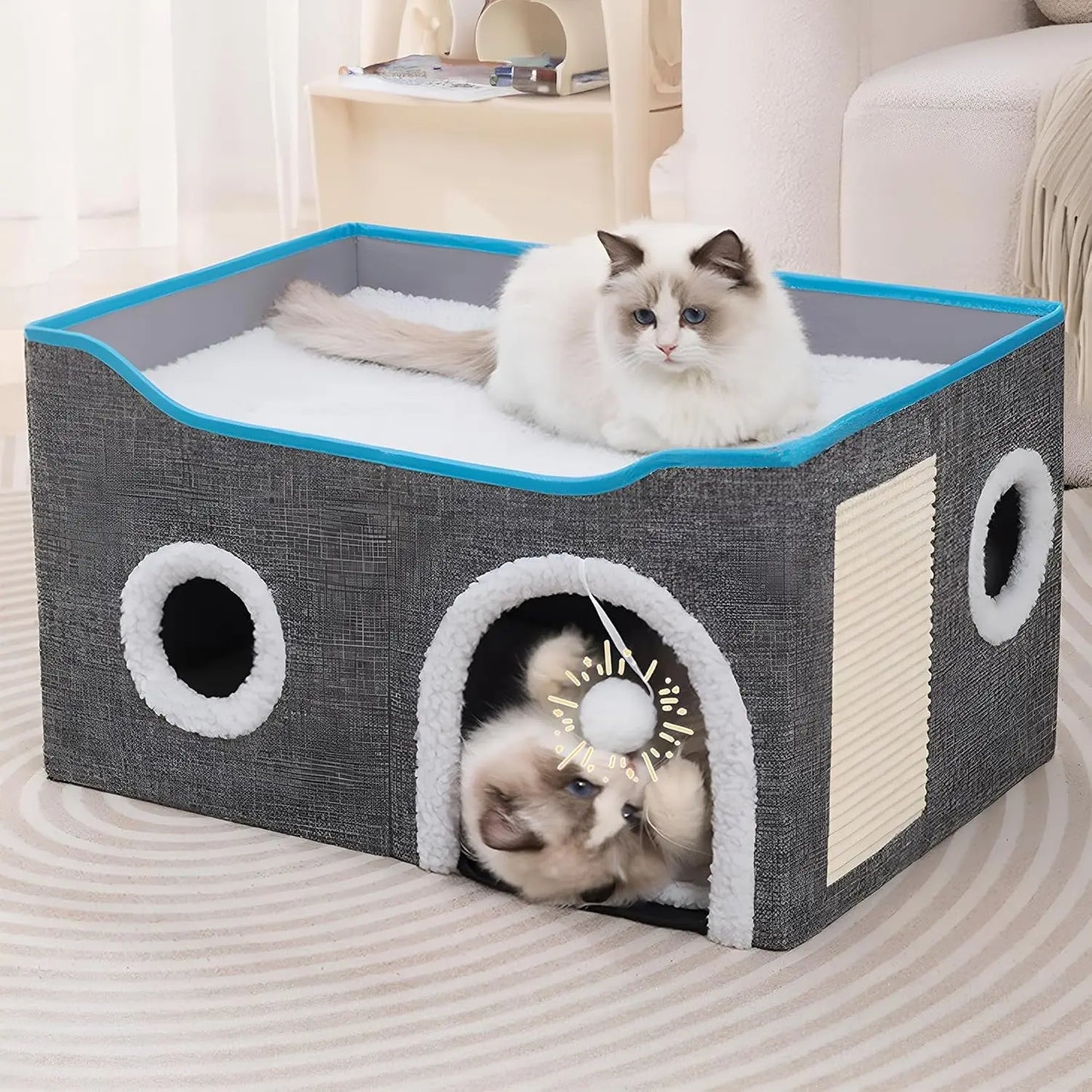 Indoor Cat House Cube with Bed, Scratch Pad & Toy Ball, Foldable Condo Light Grey L