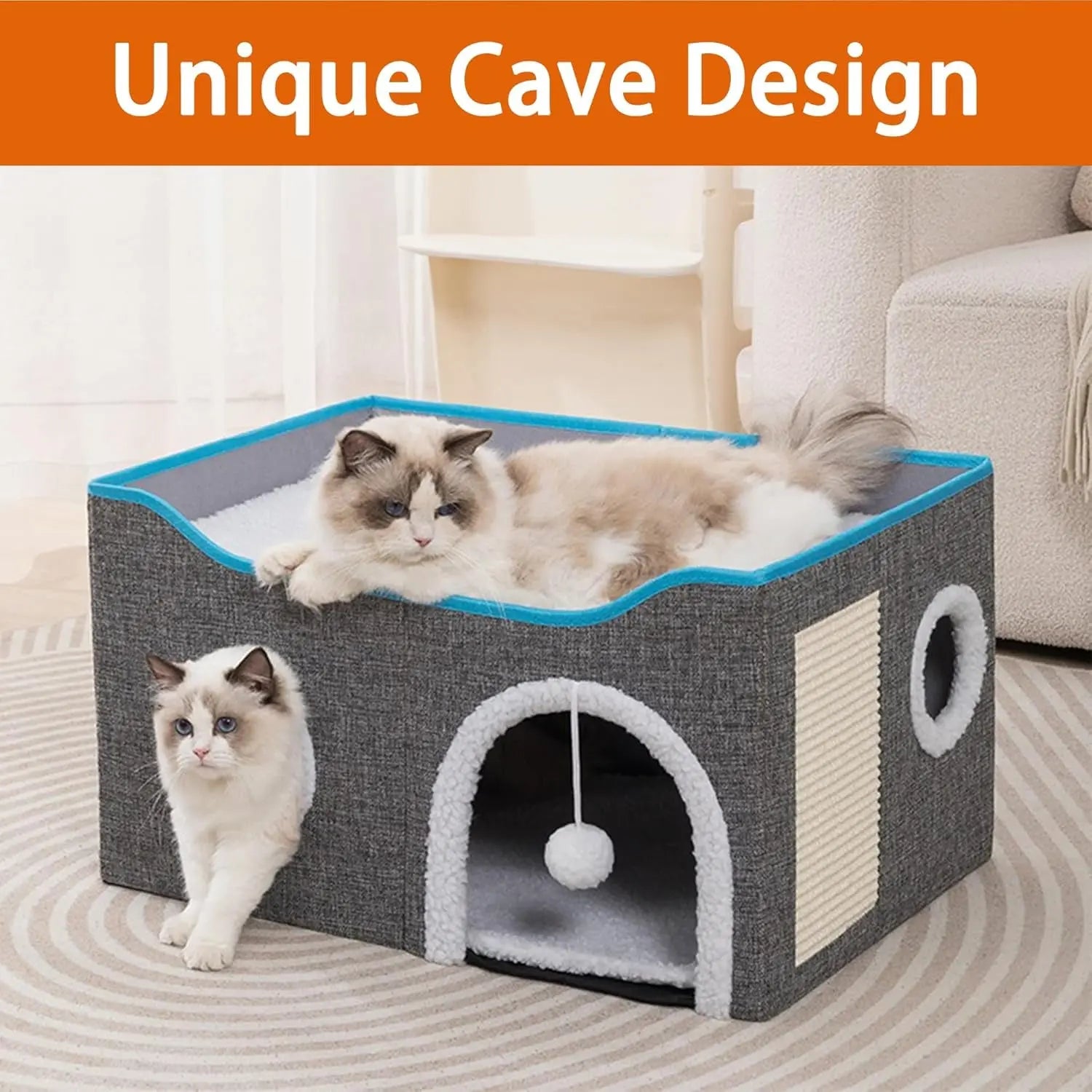 Indoor Cat House Cube with Bed, Scratch Pad & Toy Ball, Foldable Condo