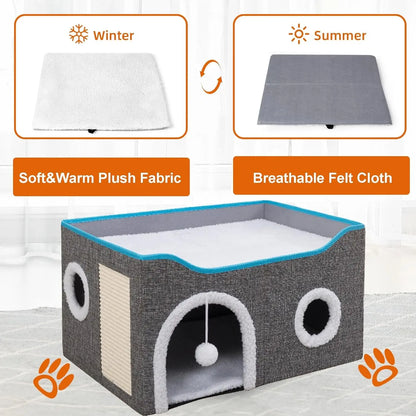Indoor Cat House Cube with Bed, Scratch Pad & Toy Ball, Foldable Condo