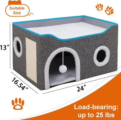 Indoor Cat House Cube with Bed, Scratch Pad & Toy Ball, Foldable Condo