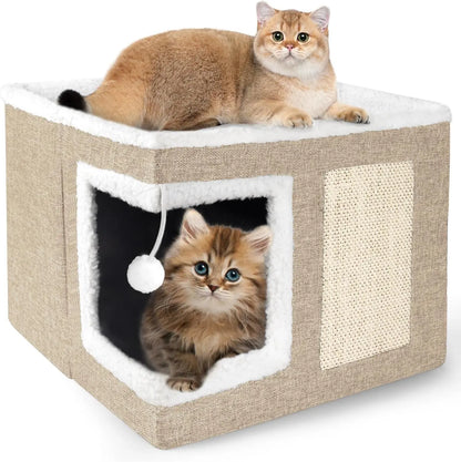 Indoor Cat House Cube with Bed, Scratch Pad & Toy Ball, Foldable Condo Khaki S