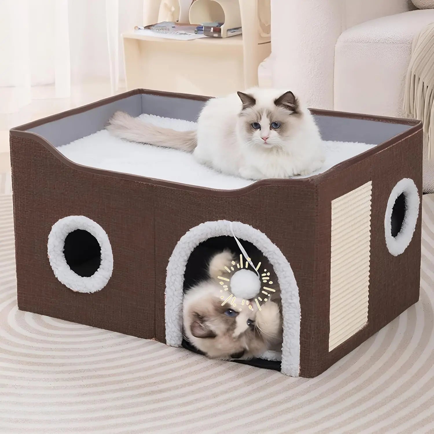 Indoor Cat House Cube with Bed, Scratch Pad & Toy Ball, Foldable Condo Dark Brown L